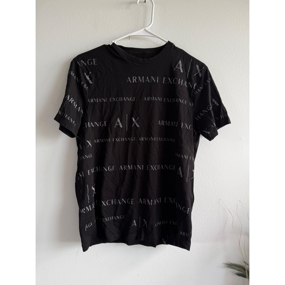 Armani Exchange Mens Small Black Silver All Over Logo Print T-Shirt Regular Fit